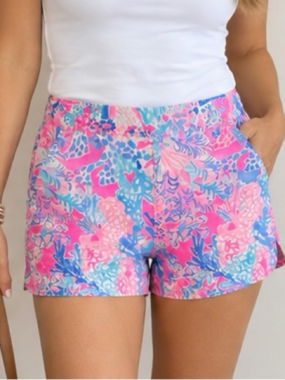 Lilly Pulitzer XS Pink Blue Floral Print Cotton Stretch Shorts